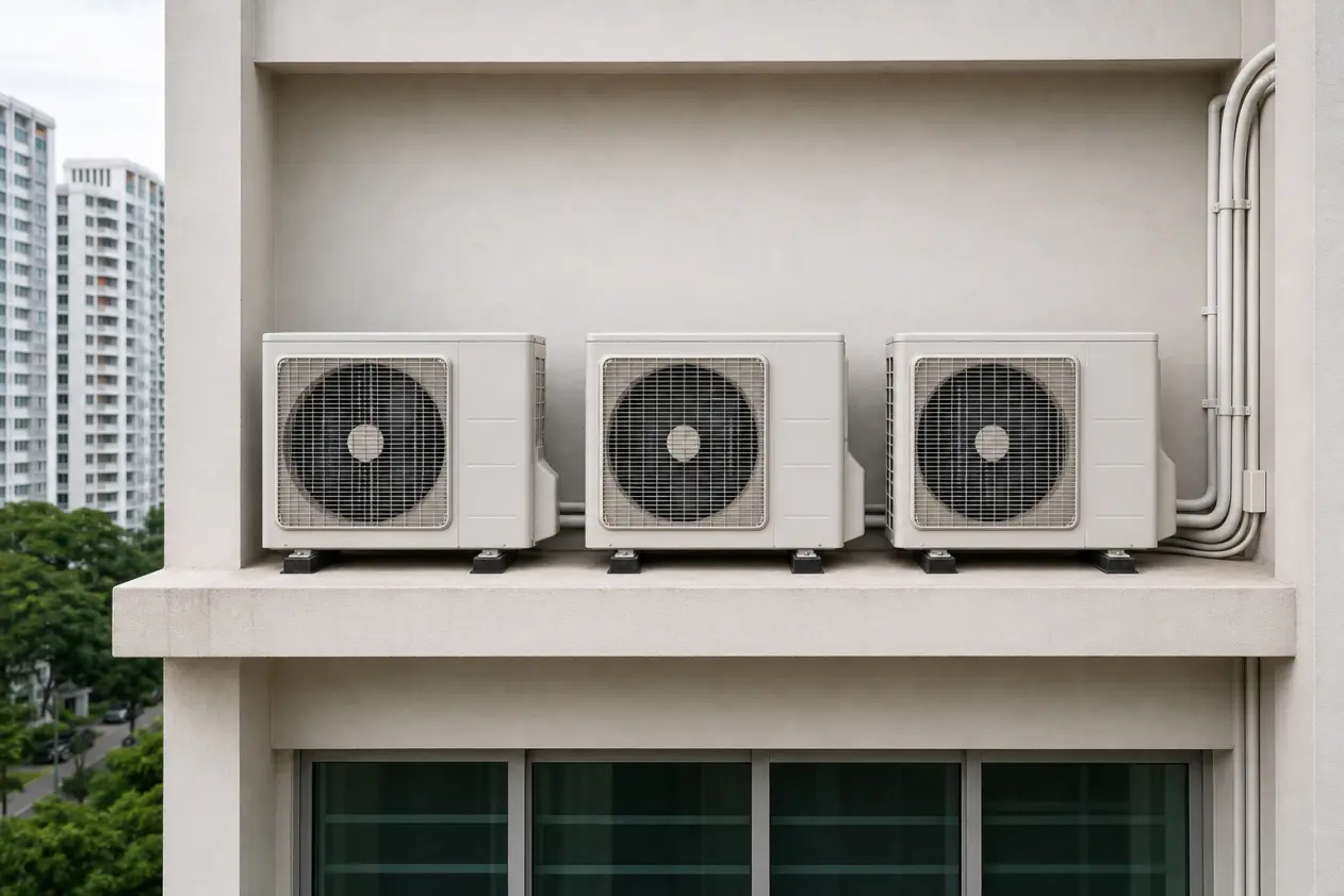 Outdoor air-conditioning condenser units installed on a Singapore building